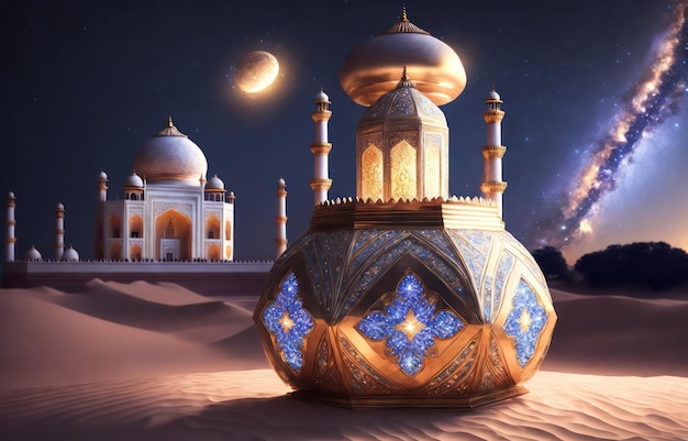 Een woestijntafereel met een moskee en een maan op de achtergrond.