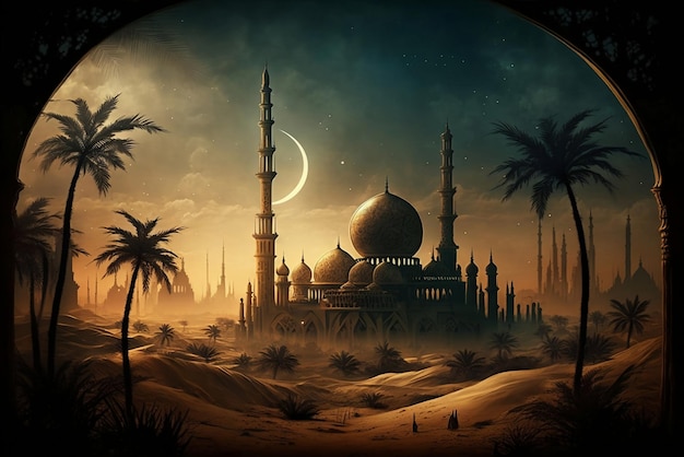 Een woestijntafereel met een moskee en palmbomen.