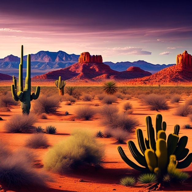 Een woestijntafereel met een woestijntafereel en bergen op de achtergrond.