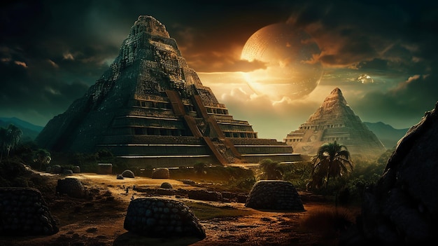Een woestijntafereel met piramides en een maan op de achtergrond.
