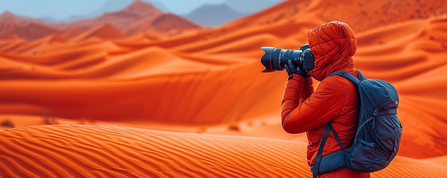 Een woestijnzwerver die uitgestrekte duinen fotografeert
