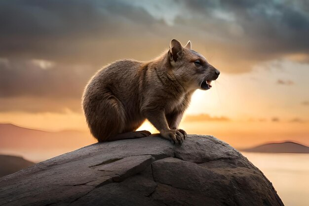 Een wolf die bij zonsondergang op een rots geeuwt.