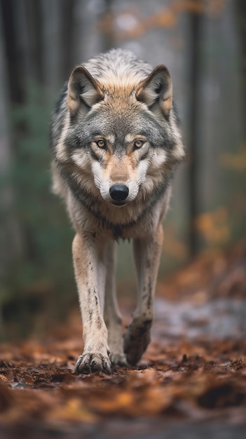 Een wolf die door het bos loopt