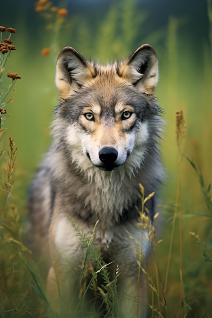 een wolf die in een veld met hoog gras staat