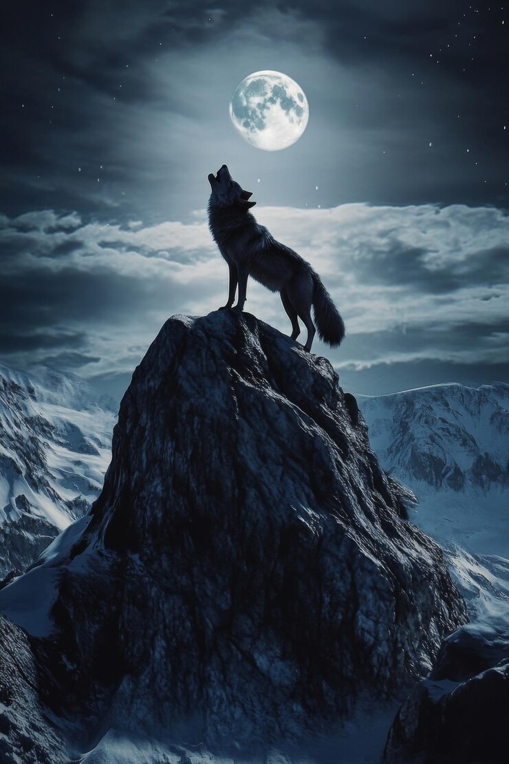 Een wolf huilt bij volle maan van de top van een met sneeuw bedekte berg onder een sterrenrijke nachtelijke hemel Generatieve AI
