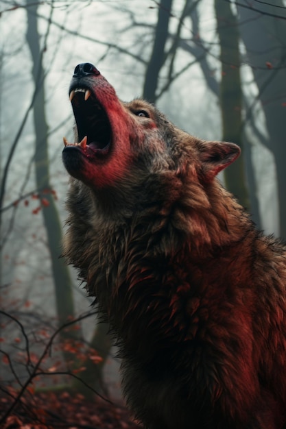 Foto een wolf huilt in het bos.