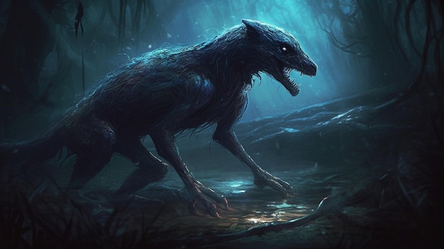 Een wolf in een donker bos met een blauwe achtergrond.