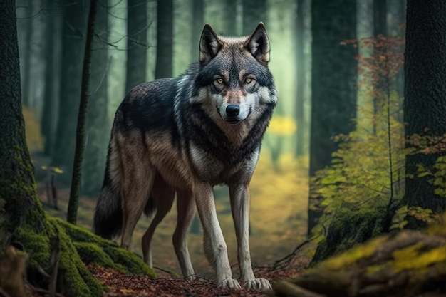 Een wolf in het bos in de zomer