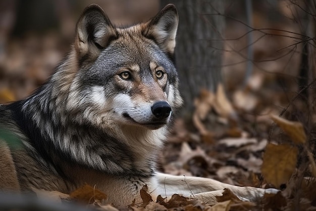 Een wolf in het bos met bladeren op de grond