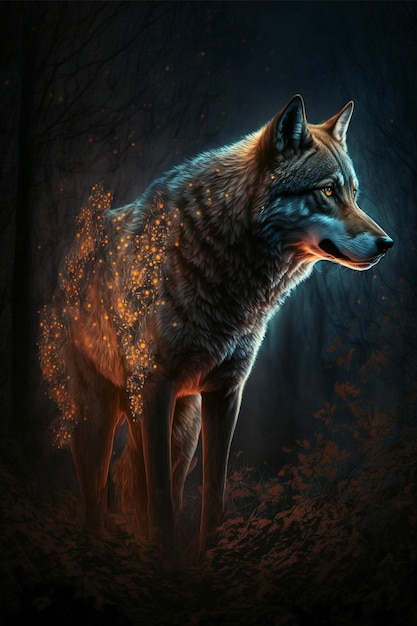 Een wolf in het bos met een vuur op de achtergrond.
