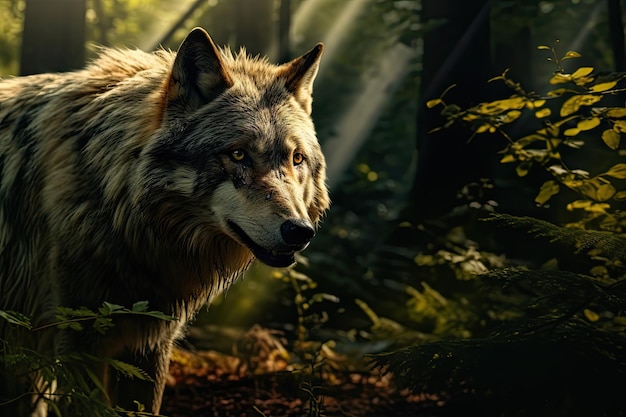 Een wolf jaagt in het bos