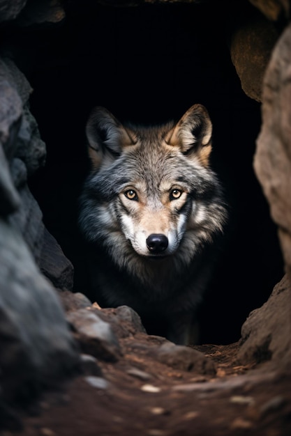 een wolf kijkt uit een grot