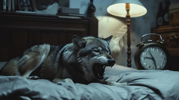 Een wolf ligt op een bed in een slaapkamer de wolf gromt en toont zijn tanden de slaapkamer is donker en schaduwrijk