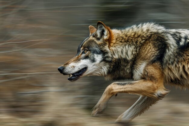 Een wolf loopt met zijn mond open en laat zijn tanden zien.