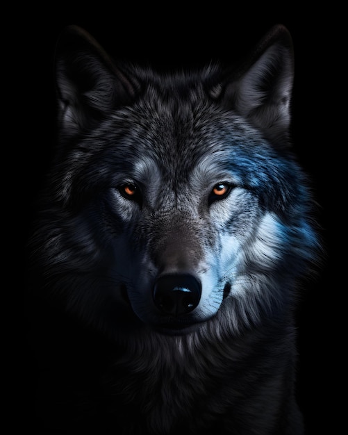 Een wolf met een blauw licht op zijn gezicht