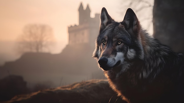 Een wolf met een kasteel op de achtergrond