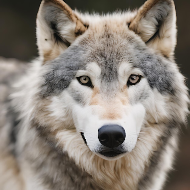 een wolf met een zwarte neus en een grijsige vacht