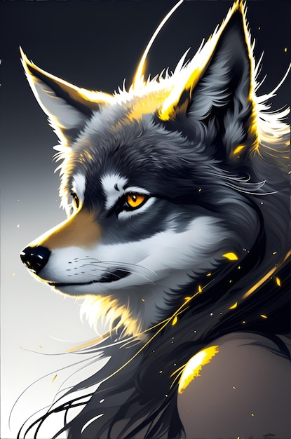 Een wolf met gele ogen en een zwarte achtergrond
