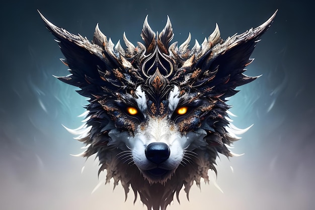 Een wolf met gloeiende ogen staat op een blauwe achtergrond.