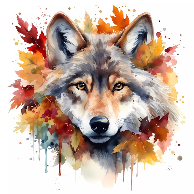 Een wolf met herfstbladeren erop is geschilderd in waterverf.