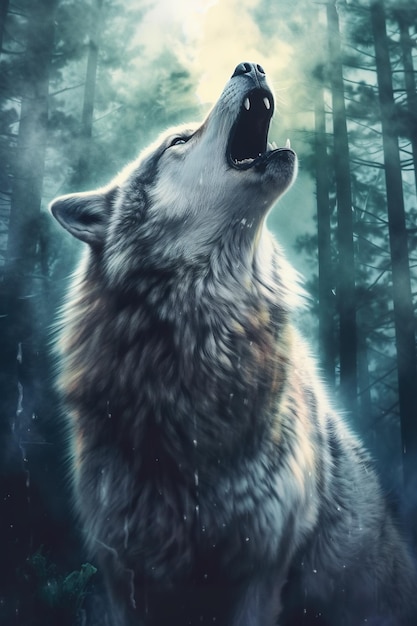 Een wolf met zijn bek open in een generatief AI-beeld in het bos