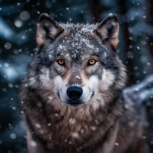 Een wolf staat in de sneeuw met sneeuw op zijn gezicht.
