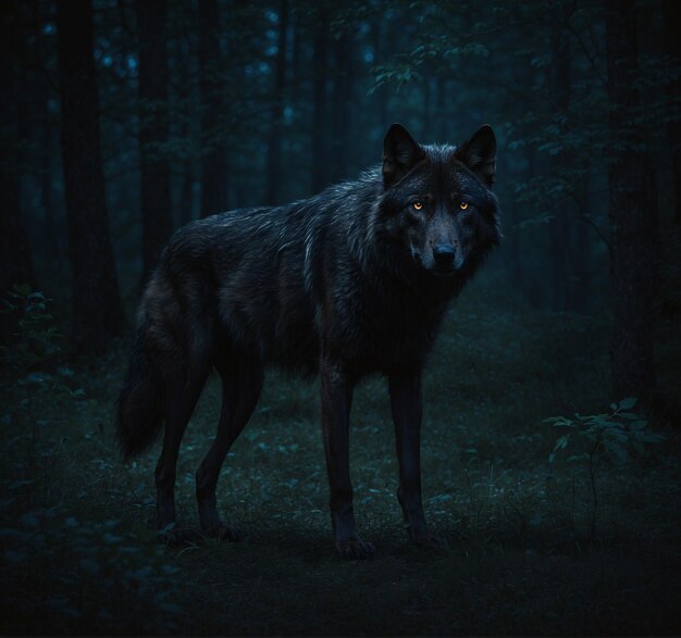 Foto een wolf staat in het donker in het bos.