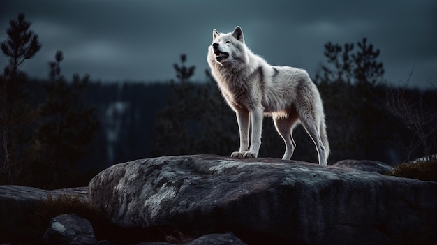 Een wolf staat in het donker op een rots