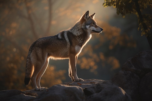 Een wolf staat op een rots in het bos