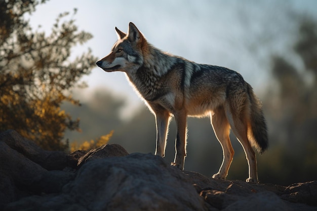 Een wolf staat op een rots in het bos.