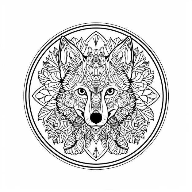 een wolf wordt in een cirkel getoond met een patroon van bloemen