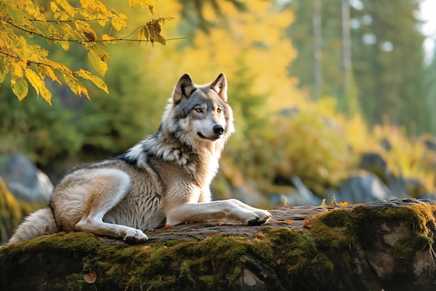 Een wolf zit op een rots in het bos.