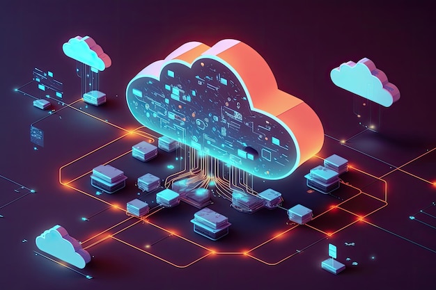 Een wolk met computers die zijn verbonden met gegevenshologrammen die technologie en netwerkserver Ai generatief vertegenwoordigen