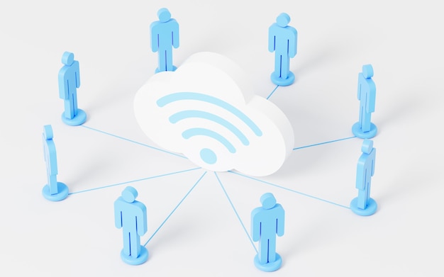 Een wolk met wifi-pictogram is een van de blauwe beeldjes netwerkcommunicatie 3D-rendering