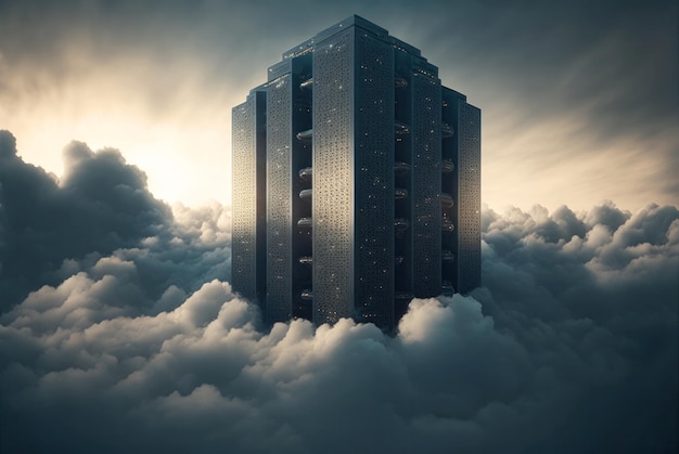 Een wolkenkrabberachtige server die uit de wolken tevoorschijn komt