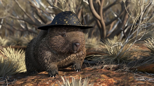 Foto een wombat met een australische militaire hoed zit op een rots in de woestijn de wombat kijkt met een serieuze uitdrukking naar de camera