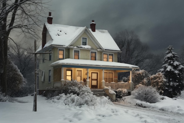 Een woning voor een gezin met een besneeuwde voortuin, vastgelegd op een bewolkte winterdag