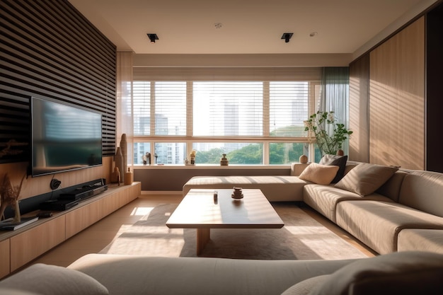Een woonkamer gevuld met meubels en een generatieve AI met een flatscreen-tv