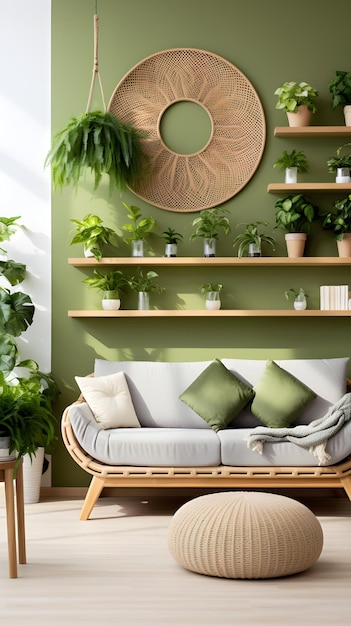 een woonkamer gevuld met veel groene planten mediterrane interieur lounge met bos groene kleur