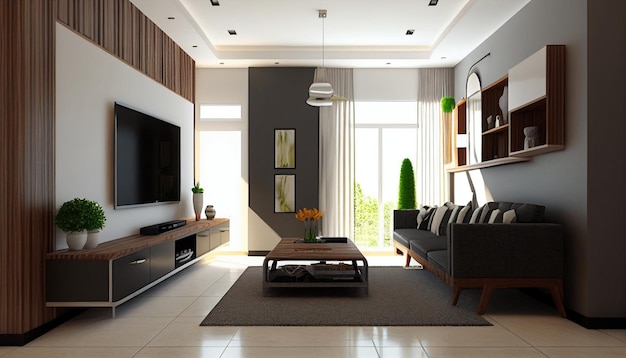 Een woonkamer in moderne stijl met kamerhoge glazen ramen Generatieve AI