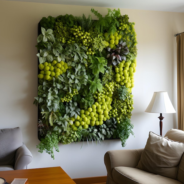 Een woonkamer met een A GREEN WALL een wanddecoratie