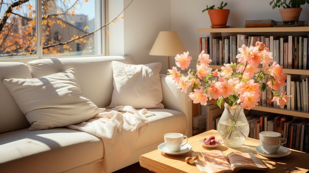 een woonkamer met een bank, een koffietafel, een koffiekop en een vaas met bloemen.