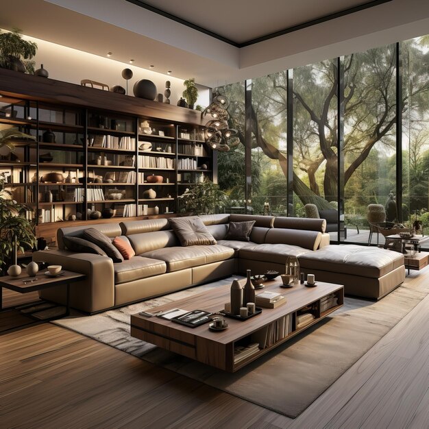 een woonkamer met een bank, een koffietafel en boekenplanken