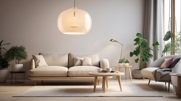 Een woonkamer met een bank, een koffietafel, tapijtplanten en twee hangende lichten