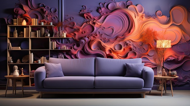 een woonkamer met een bank en een muur van paarse en oranje kunst.