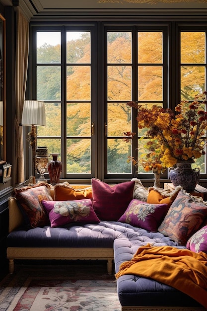 een woonkamer met een bank en een raam met uitzicht op bomen