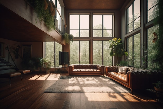 Een woonkamer met een bank en een raam met uitzicht op de bomen