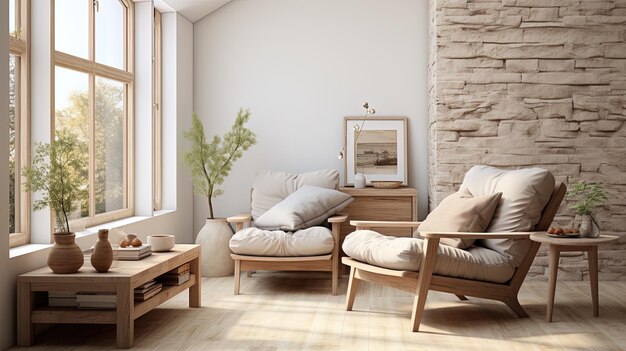 een woonkamer met een bank en een stoel met kussens en een foto van een strand scène