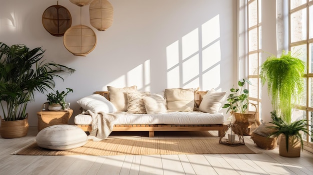 een woonkamer met een bank en een tafel met de zon die door de ramen schijnt