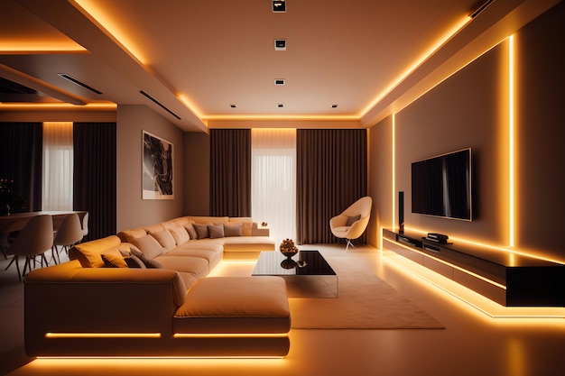 Een woonkamer met een bank en een tv die zegt 'de beste verlichting'